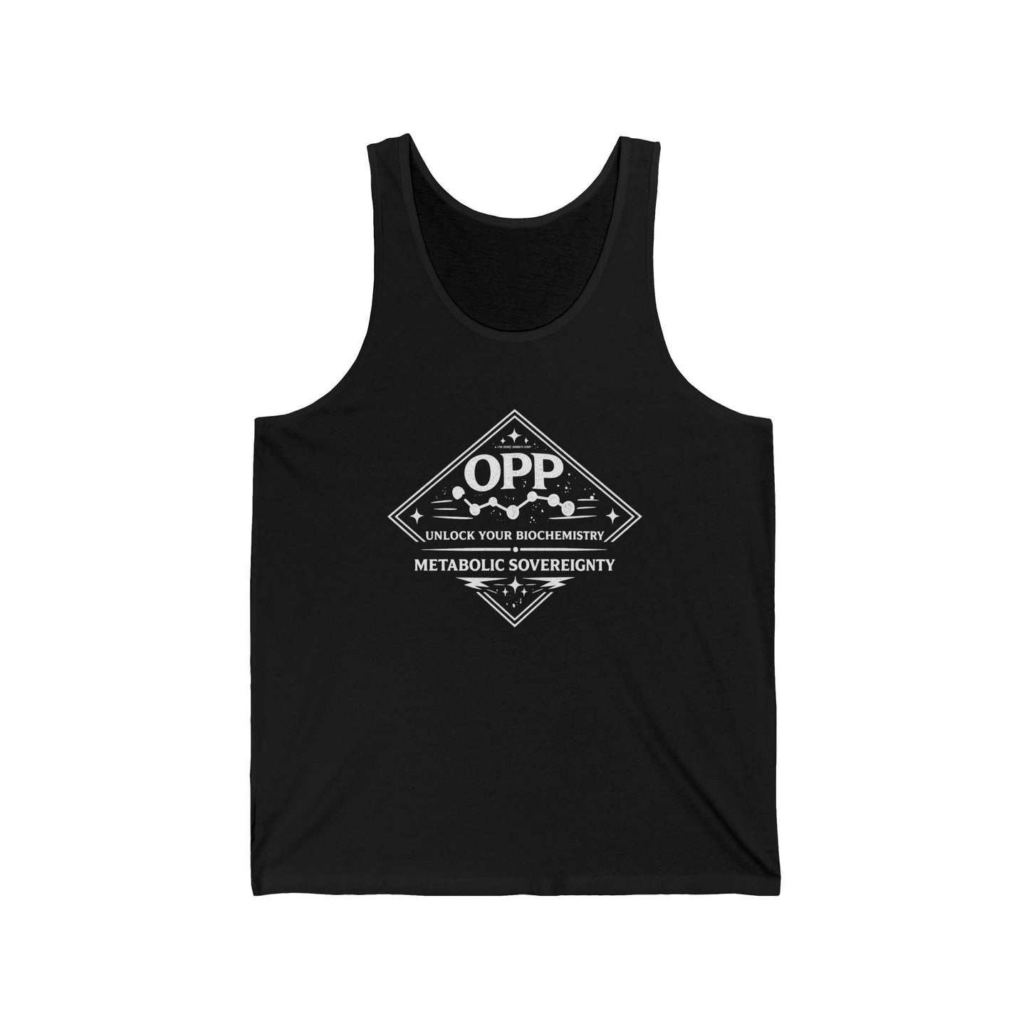 Fuel your sovereignty with the OPP Metabolic Sovereignty Tank Top, a clean, bold biohacking essential for warmer days. The standout diamond emblem dominates the chest: central "OPP" flanked by...
