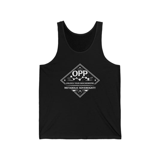 Fuel your sovereignty with the OPP Metabolic Sovereignty Tank Top, a clean, bold biohacking essential for warmer days. The standout diamond emblem dominates the chest: central "OPP" flanked by...