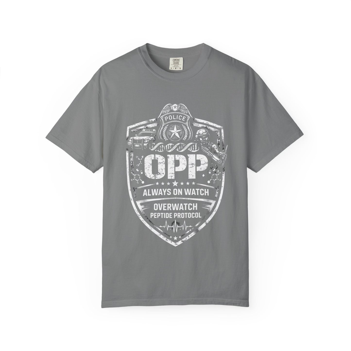 OPP Police Badge T-Shirt – Overwatch Peptide Protocol— "Always On Watch" Vintage Overwatch Tee