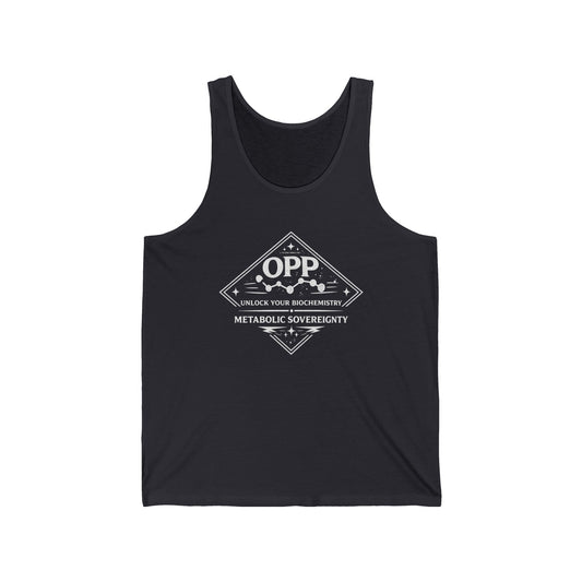 Fuel your sovereignty with the OPP Metabolic Sovereignty Tank Top, a clean, bold biohacking essential for warmer days. The standout diamond emblem dominates the chest: central "OPP" flanked by...